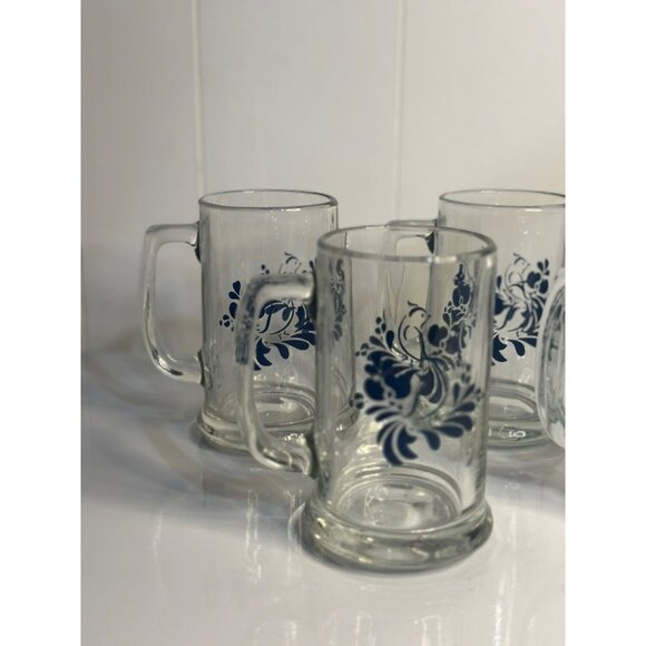 VTG Anchor Hocking Flowers & Blue Bird Glass Beer/Soda 5.5" Heavy Mugs Set of 3 - Picture 2 of 6
